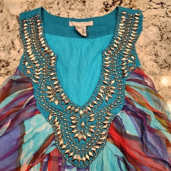 Alberto Makali blue tie dye Print Beaded embroidered Sleeveless chiffon Dress M - Picture 11 of 13